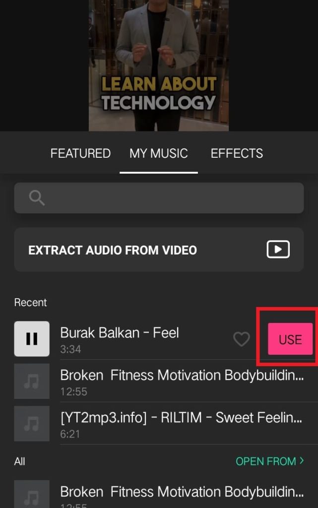 use option under the tab of my music