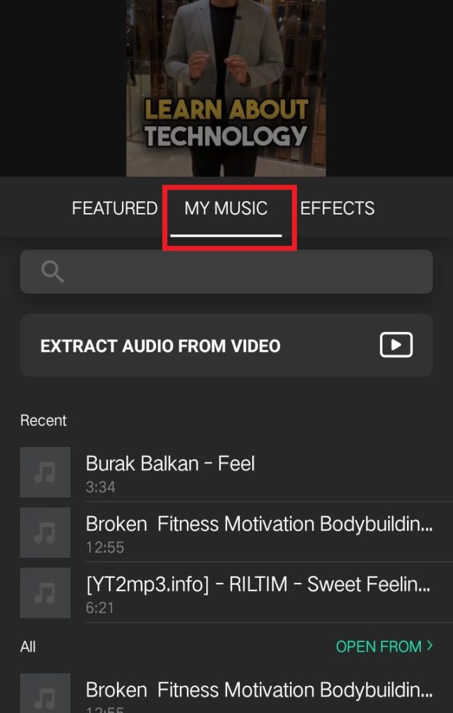 adding music using my music option in inshot