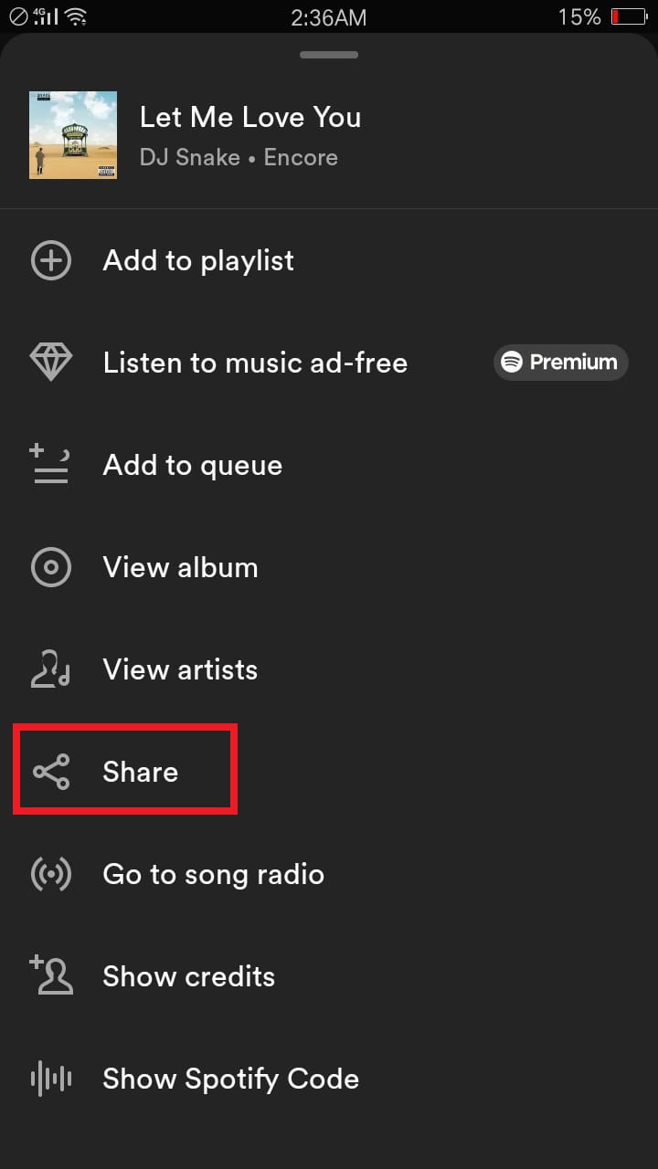 tab on share option in spotify