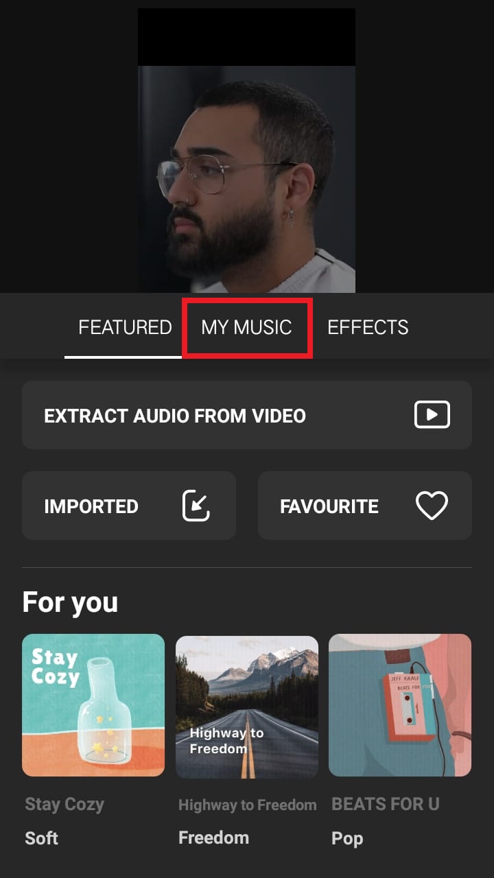 select my music option from given in inshot