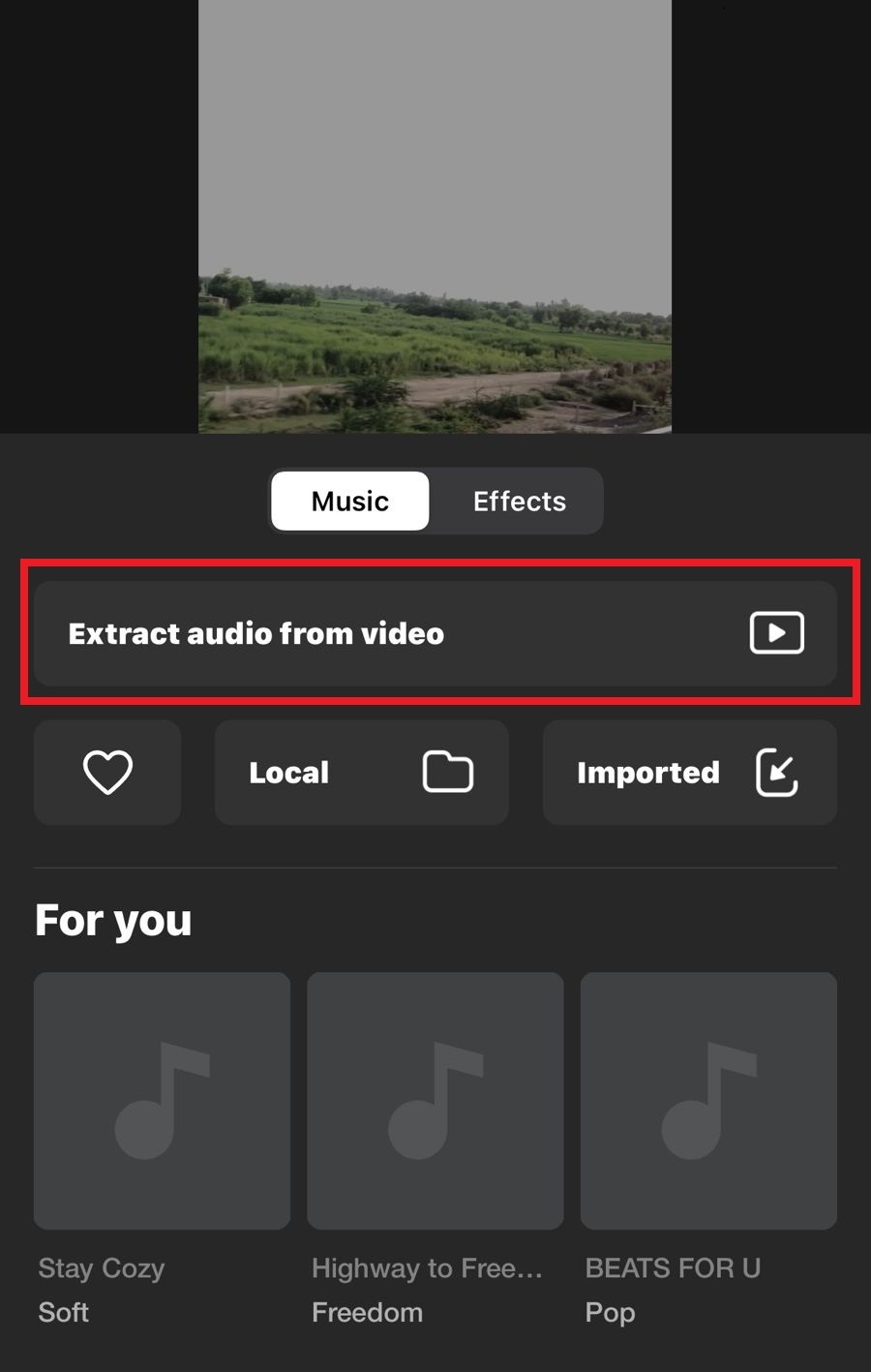 select extract from video option on inshot