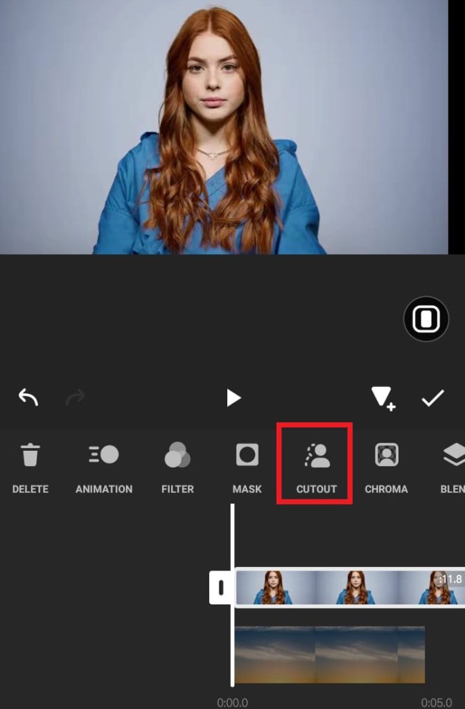 tap on cutout option to remove video background in inshot